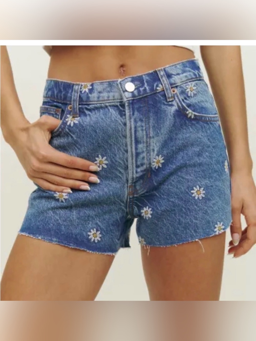 Reformation Blue Denim Daisy-Embroidered Shorts